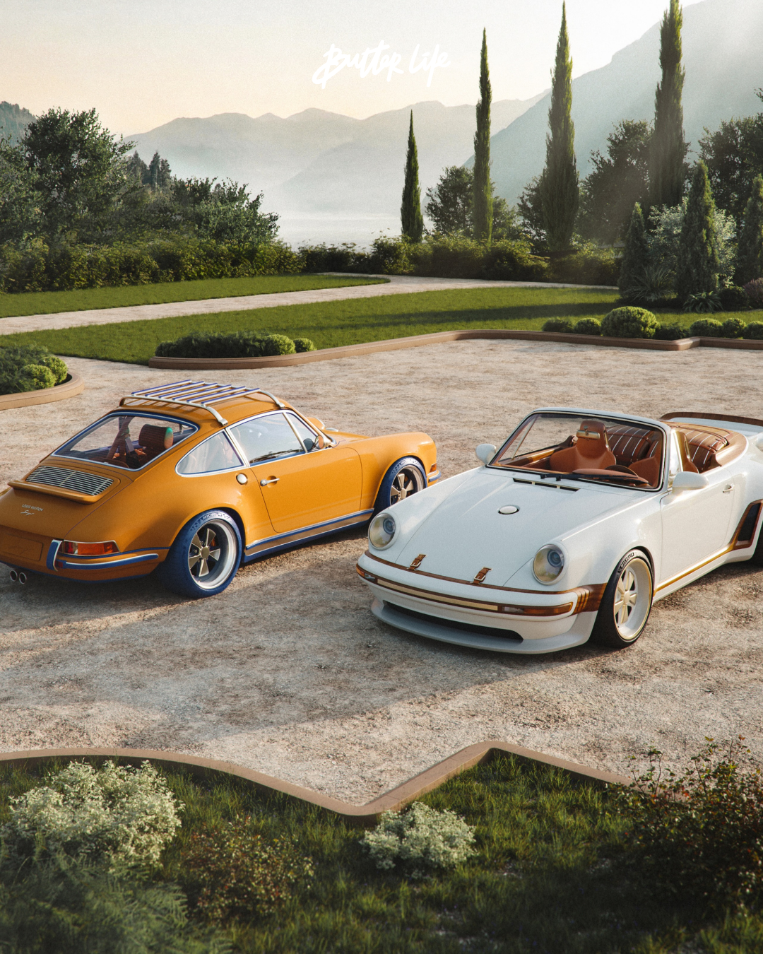 Louis Vuitton x Singer Porsche 911 kokpitinde yer alan, canlı kobalt mavisi ve turuncu detaylara sahip, Tambour modelinden ilham alınarak tasarlanmış özel gösterge saati ve VVT deri kaplama detayları.