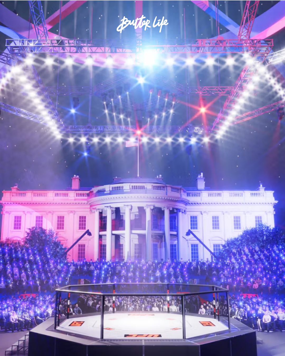 Beyaz Saray'ın South Lawn alanına yerleştirilmiş bir UFC octagon sahnesi