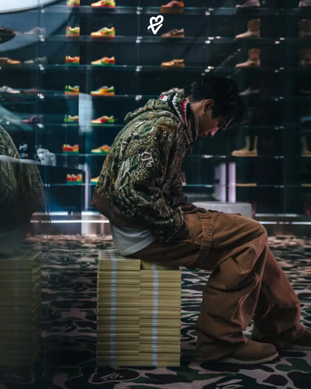 BAPE x ©SAINT Mxxxxxx beşinci kapsül koleksiyonundan Banknot Stool ve eskitme detaylı tasarımların yer aldığı tanıtım görseli