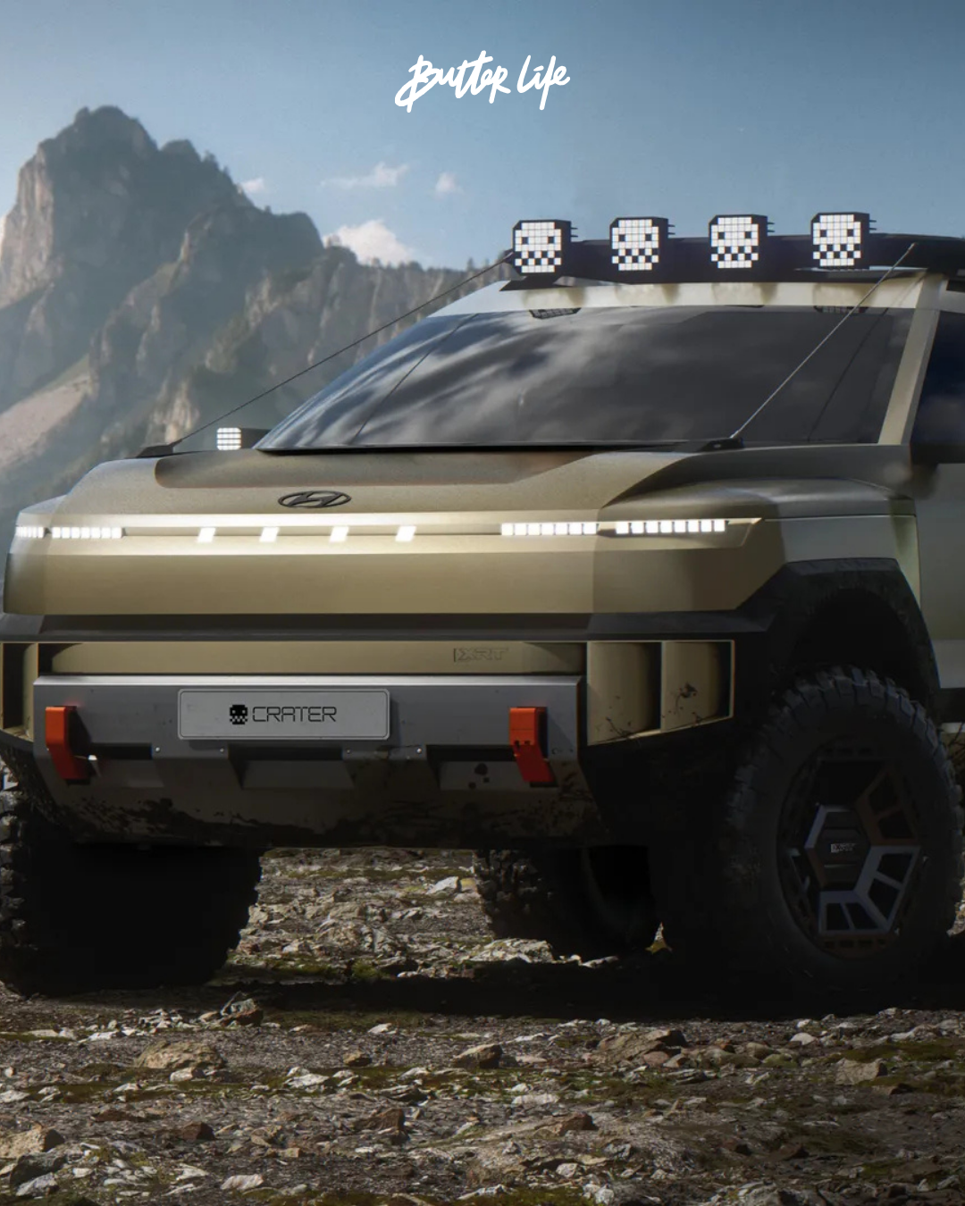 Hyundai Crater Concept aracı; dev lastikleri, piksel farları ve çarpıcı tasarımıyla zorlu doğa koşullarında.